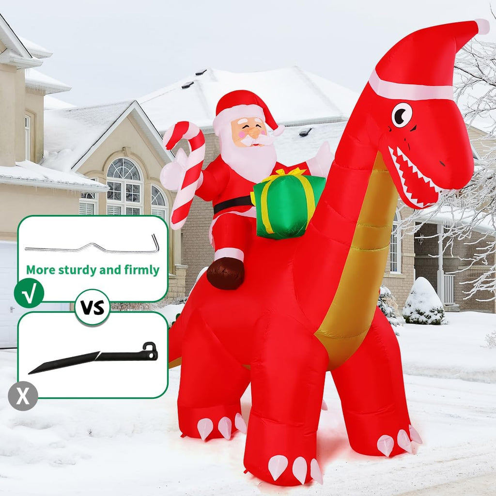 8FT Christmas Inflatables Outdoor Decorations Santa Riding Dinosaur,Blow Up Santa Inflatable with Built-in LED Lights