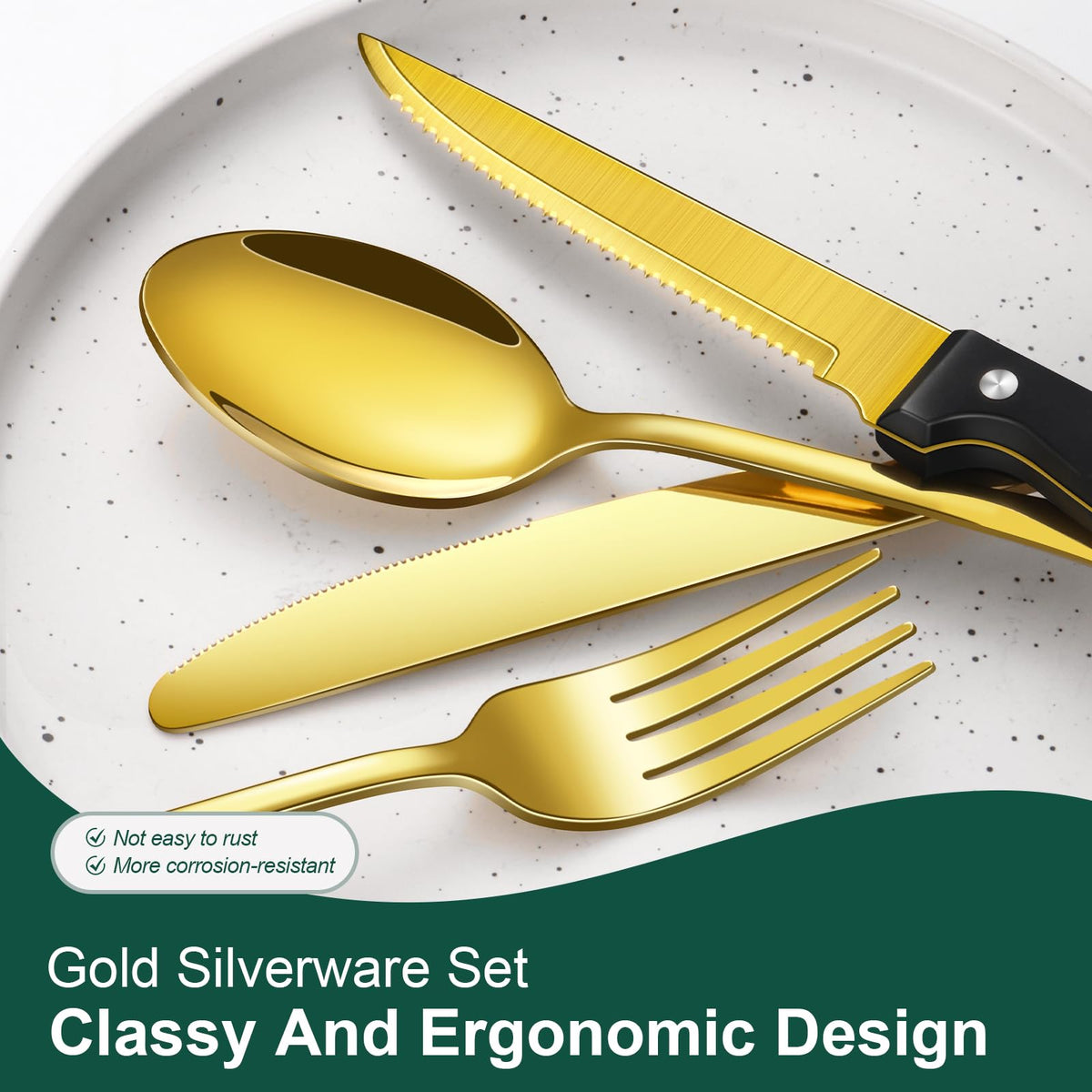 24-Piece Gold Silverware Set with Steak Knives Stainless Steel Flatware Set for 4 Food Grade Tableware Cutlery Set