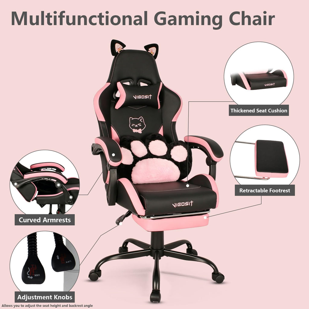 Black & Pink Gaming Chair with Footrest and Lumbar Pillow for Adults