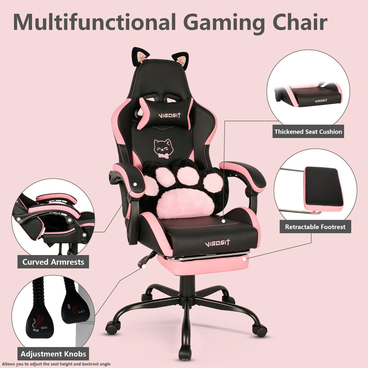 Black & Pink Gaming Chair with Footrest and Lumbar Pillow for Adults