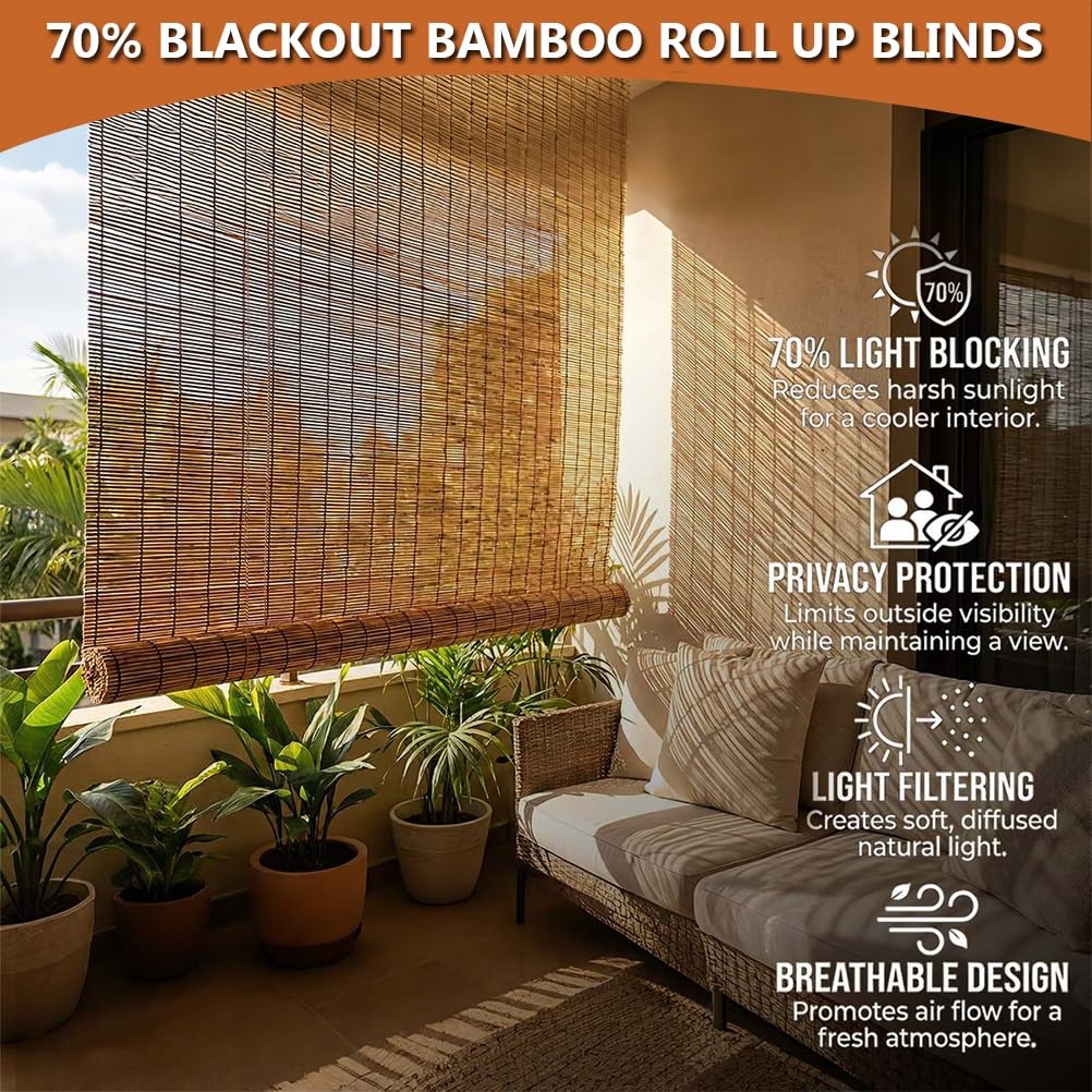 Patio Shades from Bamboo Outdoor Roll up Shades for Porch Privacy Blinds, Cordless Blackout Roller Blinds from