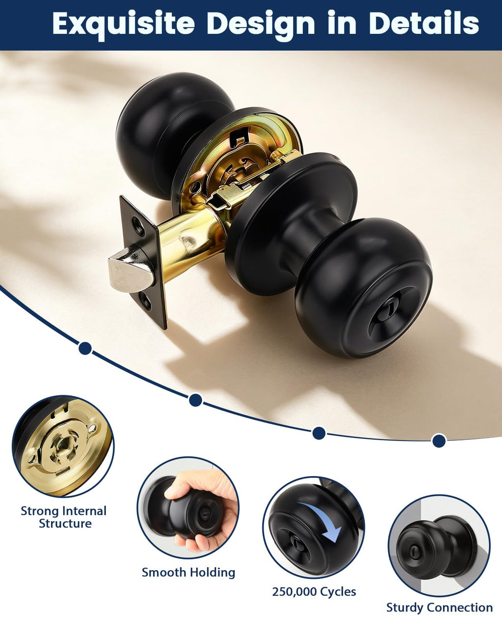 10 Pack Matte Black Privacy Door Knobs Interior, Classic Round Shape Bedroom Doorknobs with Lock, Keyless Modern
