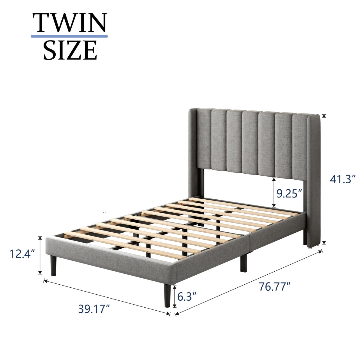 Twin Bed Frames with Wingback Headboard, Upholstered Platform Beds, No Box Spring Needed Sturdy Wooden Slat Support