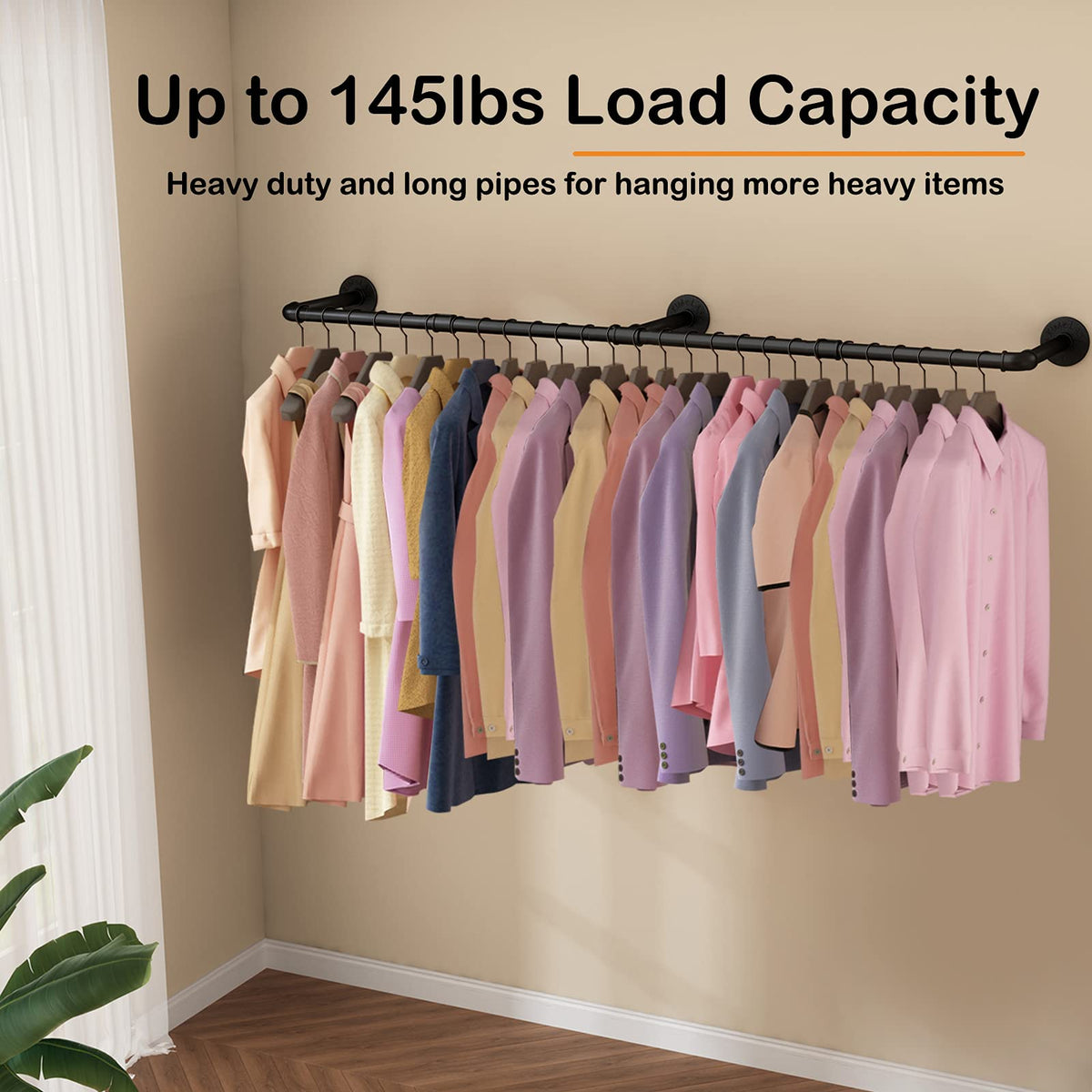 Wall Mounted Clothes Rack, 72.5in Industrial Pipe Clothing Rack for Hanging Clothes, Heavy Duty Garment Rack Wall
