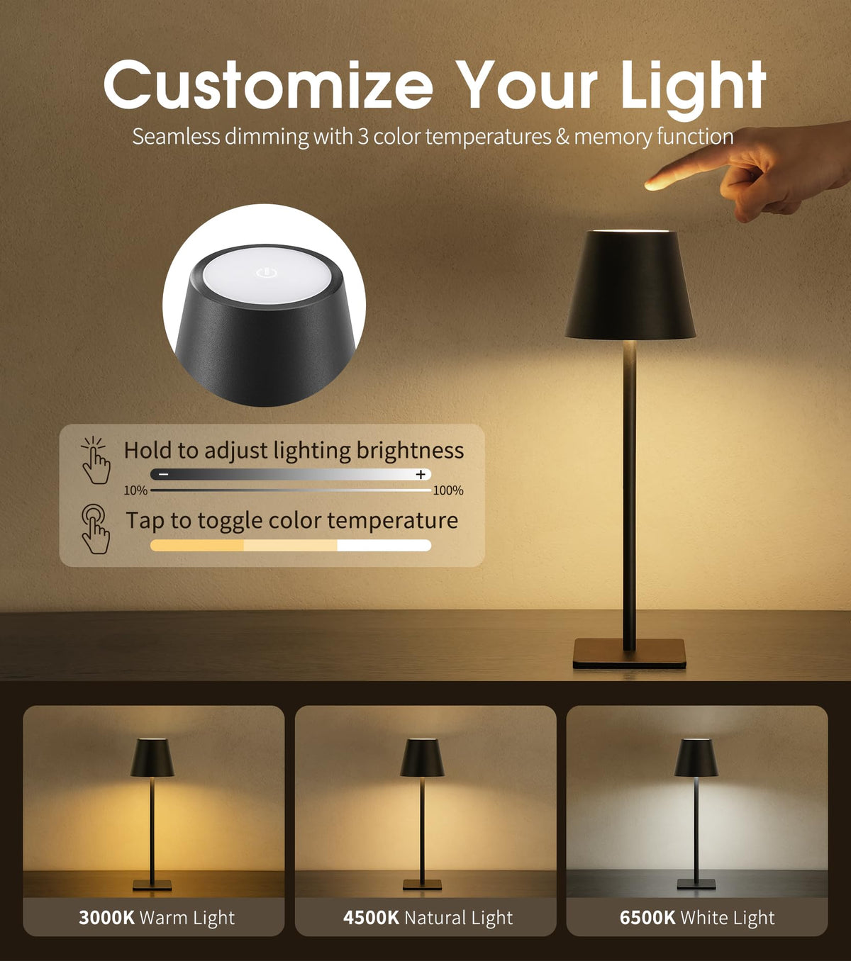 3 Pack Cordless Table Lamp, Battery Operated Lamp - Portable Waterproof Rechargeable Table Lamp w/ 3 Color Temps &