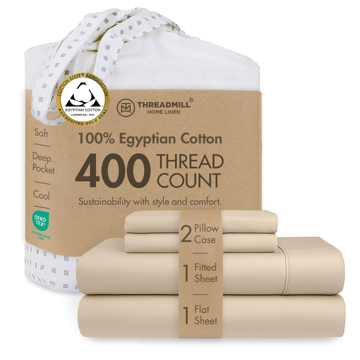 400 Thread Count Egyptian Cotton Full Sheet Set, Sateen, Beige