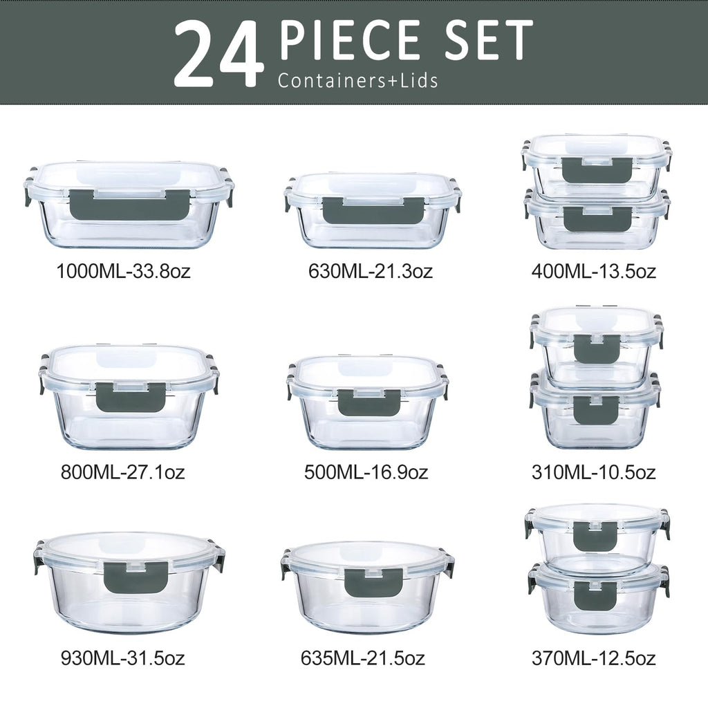 24 Piece Glass Food Storage Containers with Lids,Gray