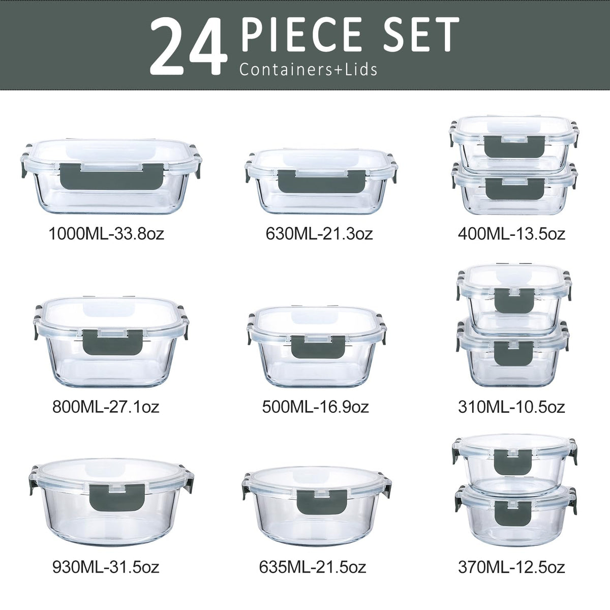 24 Piece Glass Food Storage Containers with Lids,Gray