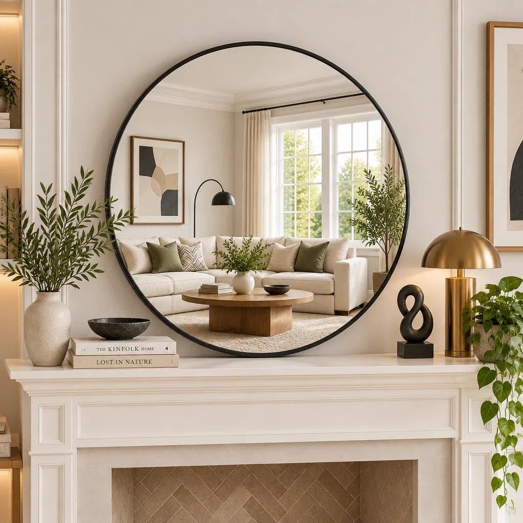 20 Inch Round Mirror, Metal Frame Circle Mirror, Black