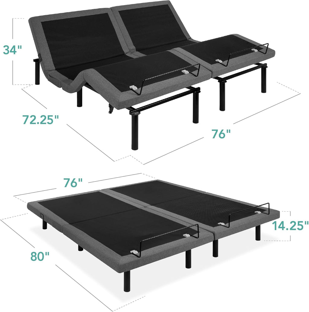 Ergonomic Split King Size Adjustable Bed Frame, Electric Base w/Wireless Remote Control, Nightlight, Massager, 2 USB