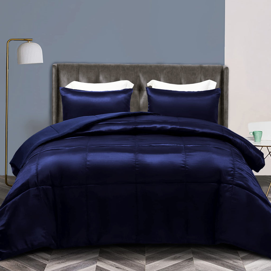 Reversible Satin Comforter Set for All Season, Navy