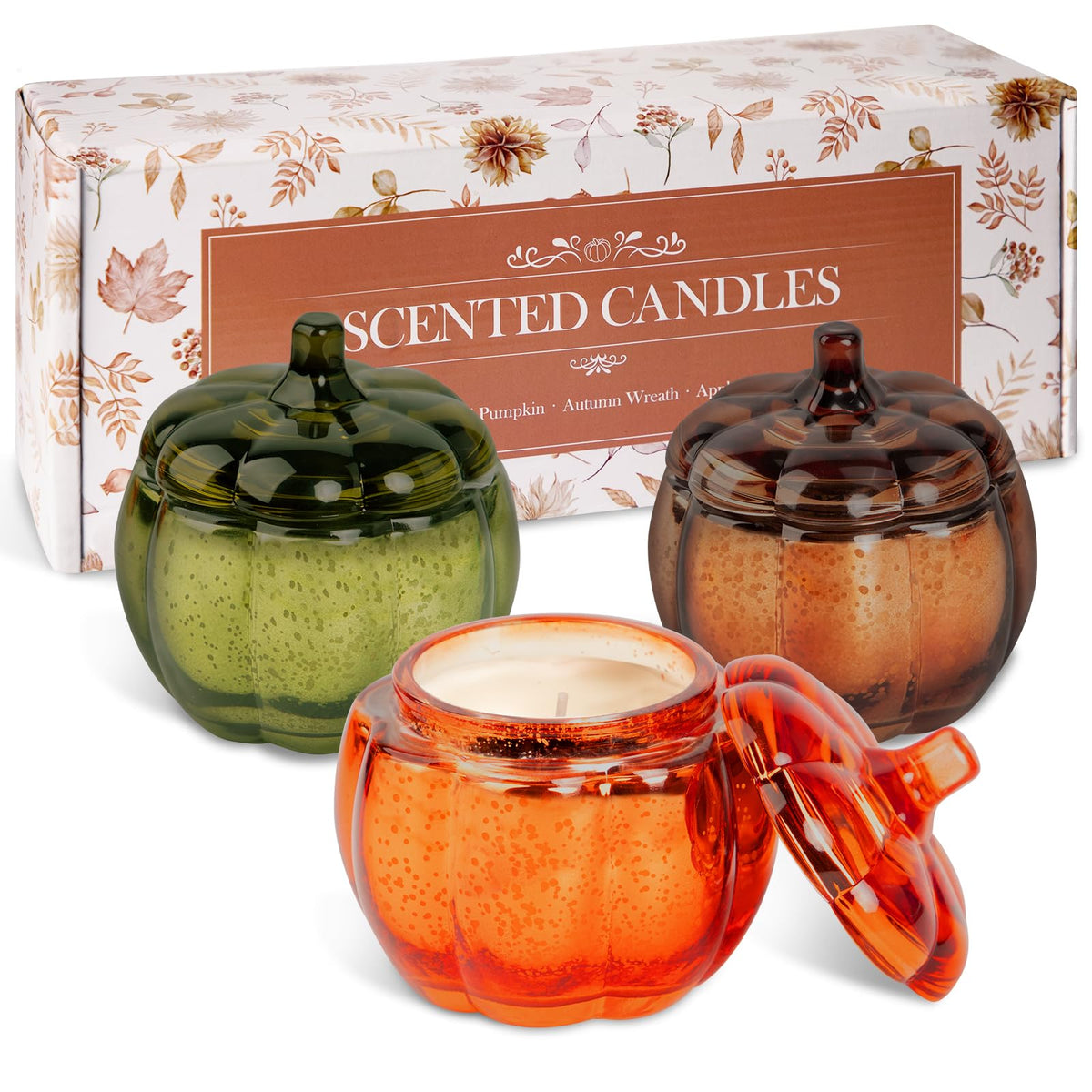 Fall Scented Candles Gift Set 3 Pack, 16.5oz Pumpkin Glass Jar Candle, Thanksgiving Aromatherapy Soy Wax Candles for