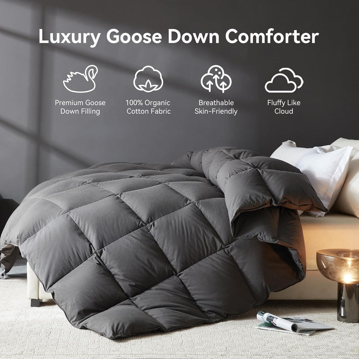 Goose Feather Down Fiber Comforter, 100% Organic Cotton Fabric Duvet Insert,1200TC,750+Fill Power