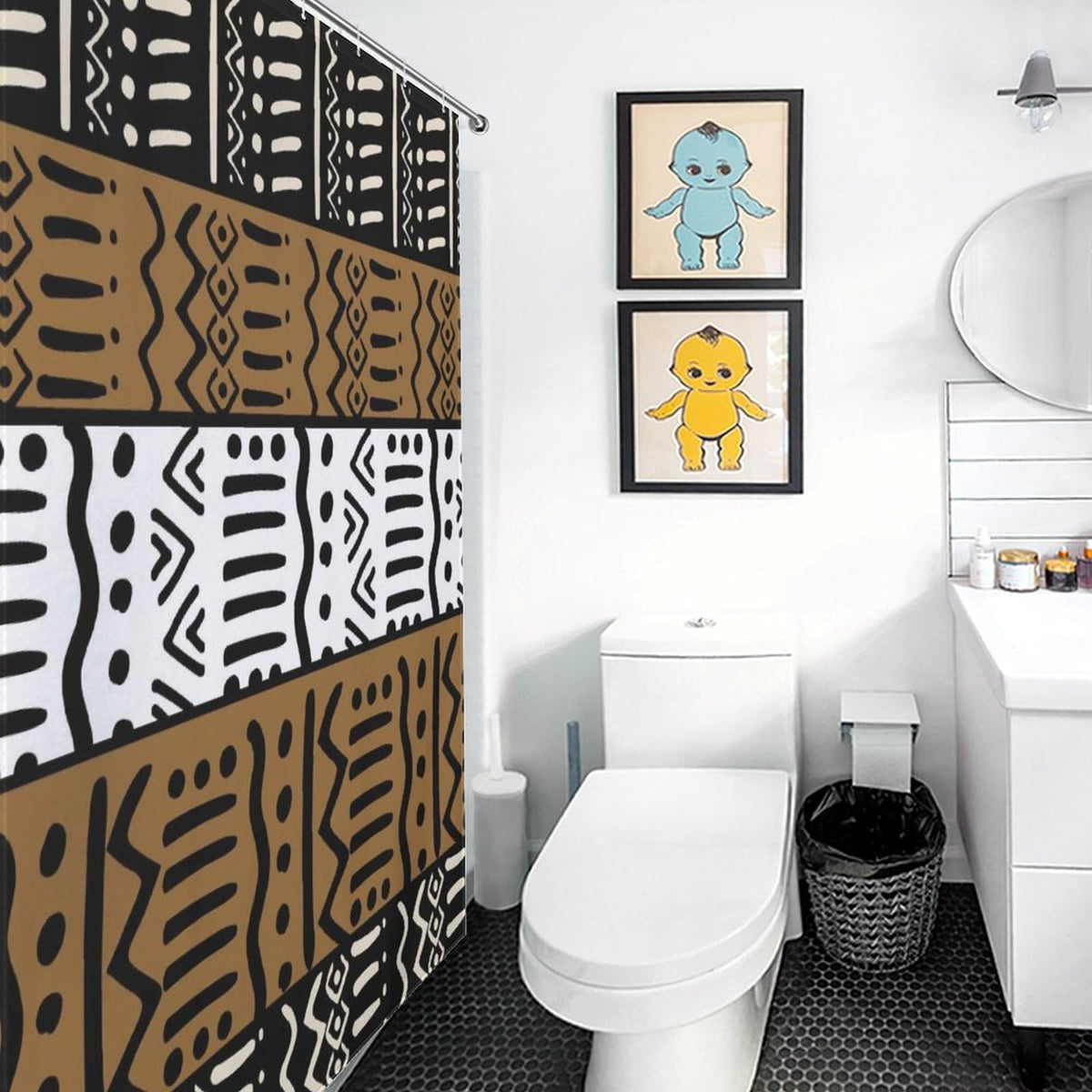 African Mudcloth Shower Curtain, oho Modern Abstract Geometric Print Tribal Africa Ethnic Pattern Bohemian Brown