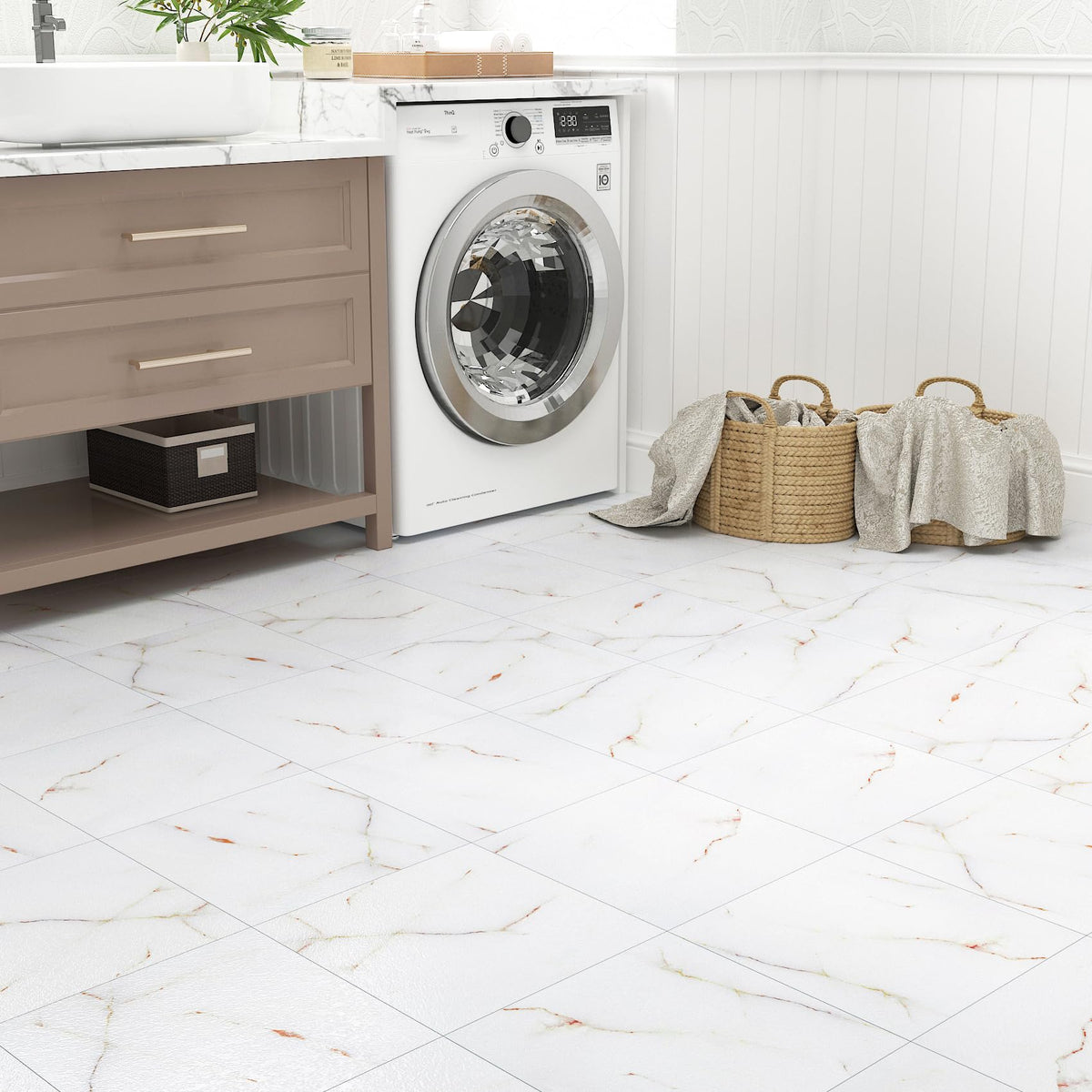 15-Sheet White Vinyl Flooring Peel and Stick Bathroom Floor Tiles Waterproof Pink Marble Peel and Stick Floor Tile