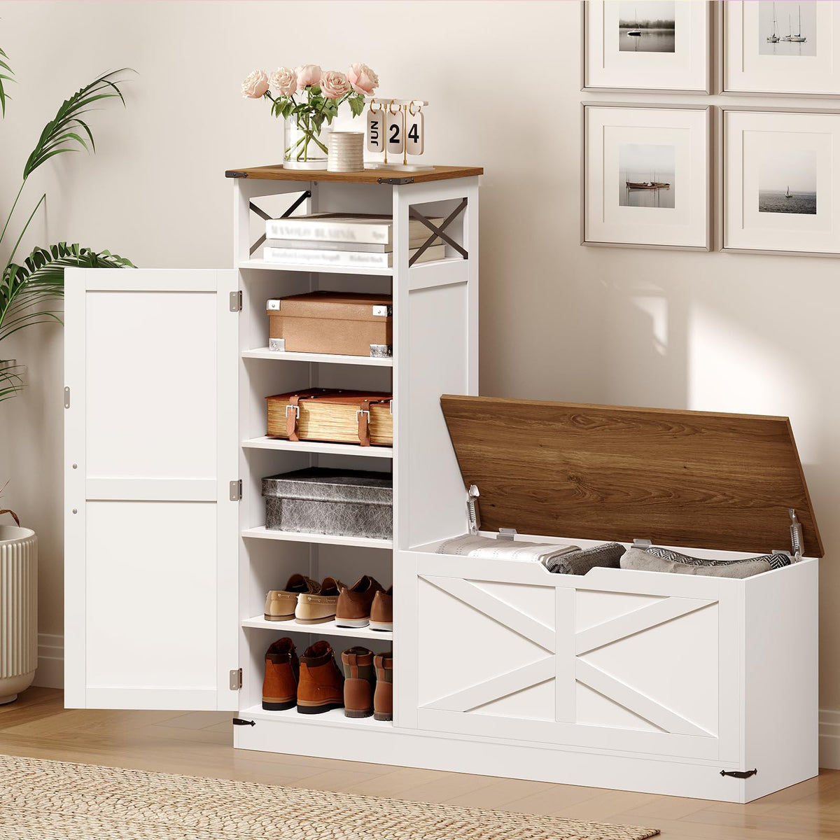 Shoe Cabinet with Bench, L-Shaped Shoe Bench, Storage Bench, Farmhouse Shoe Storage Cabinet with Adjustable Shelves