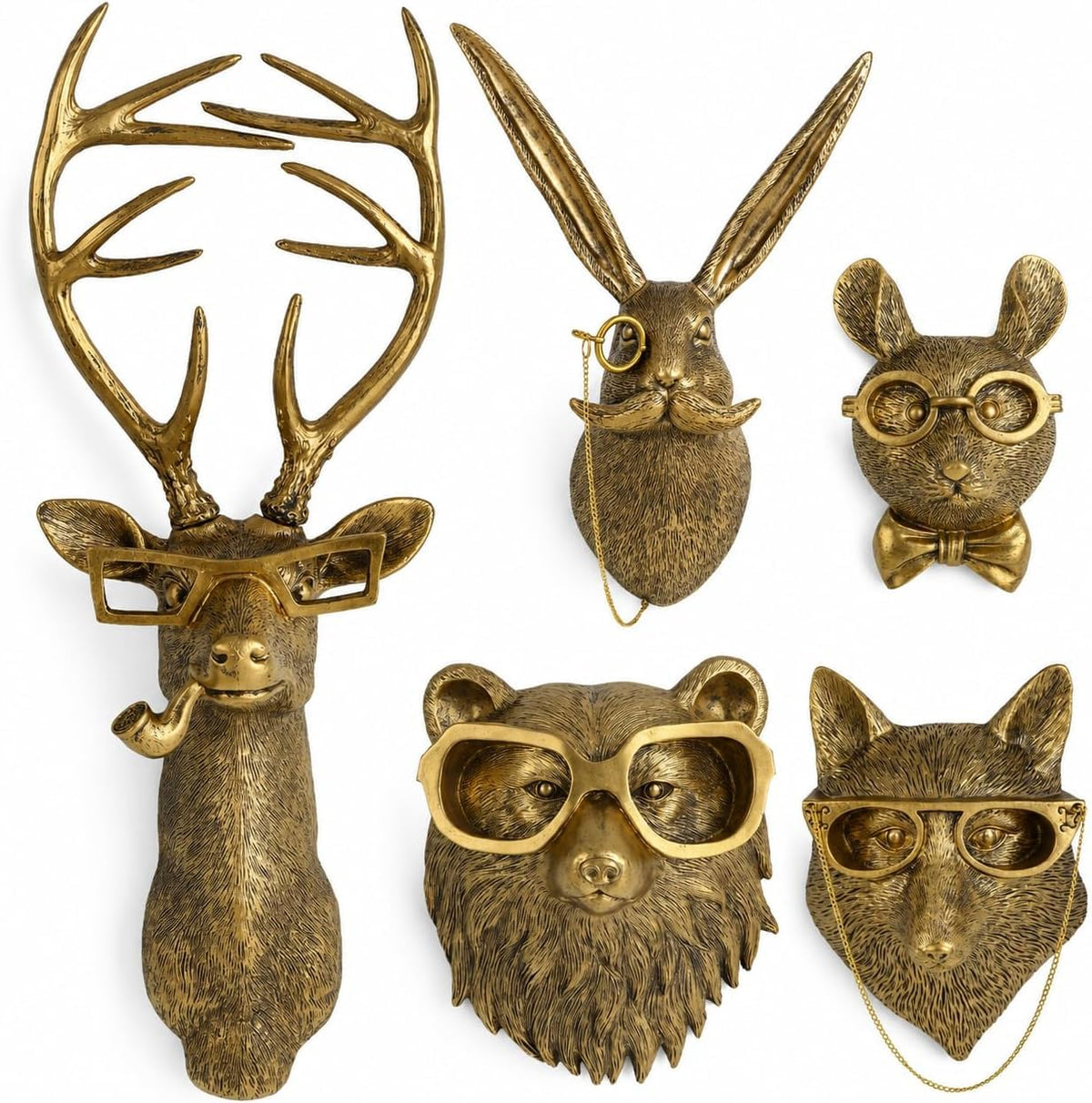 Gold Animal Head Wall Decor Set of 5 - Deer, Rabbit, Mouse, Bear, Fox Wall Sculptures, Modern Wall Art, Gold Wall