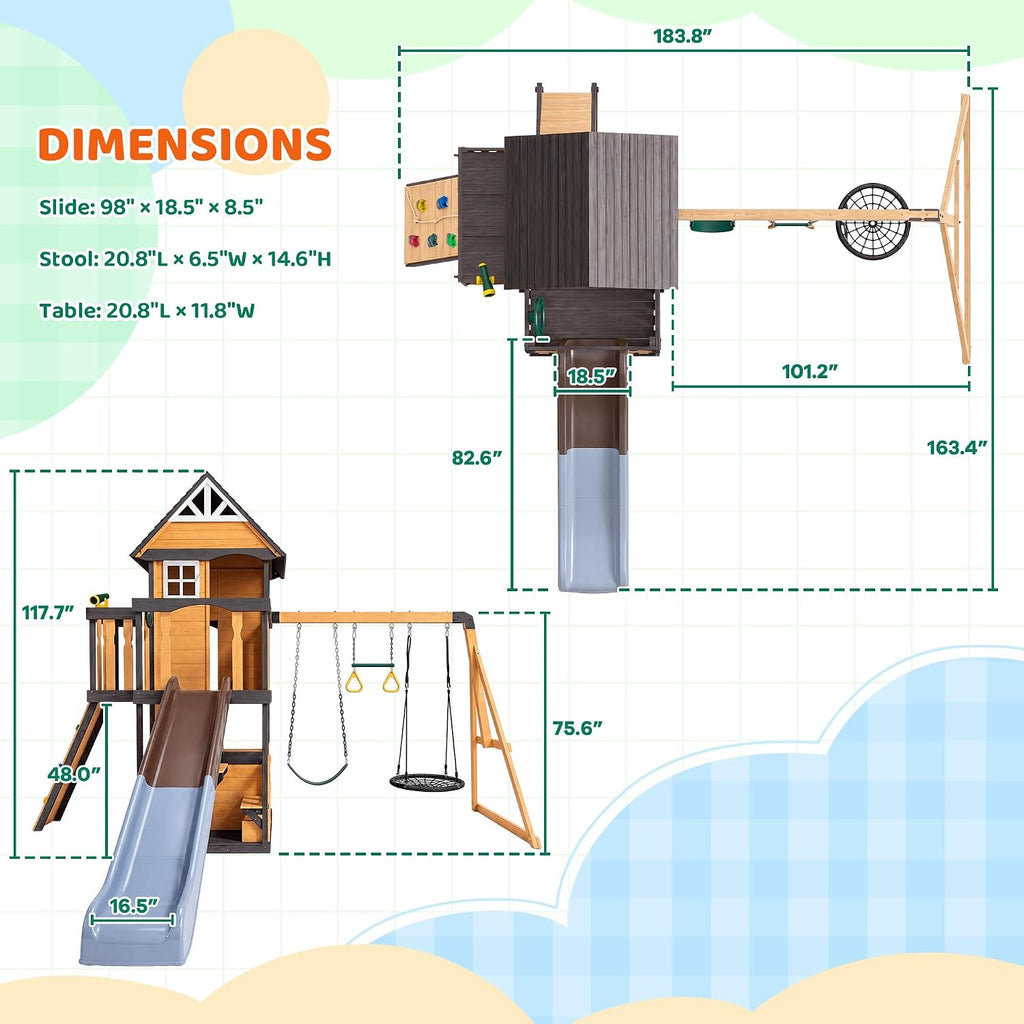 Wooden Swing Sets Playground with Slide Outdoor Playset All in One Whi