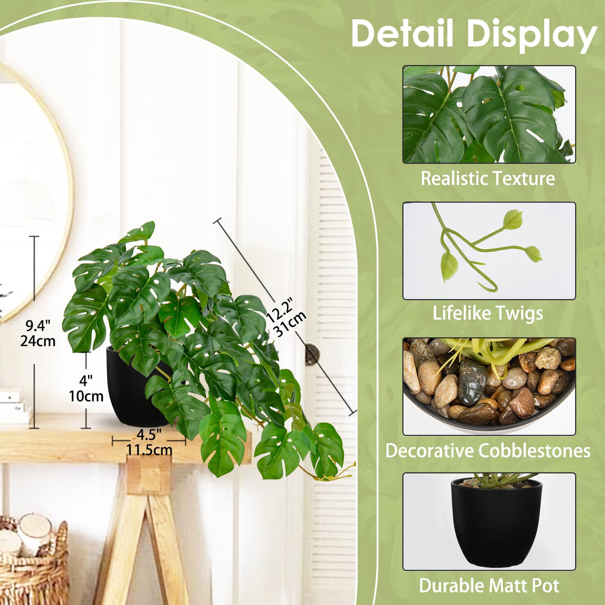Fake Plants Indoor 8 Inch Artificial Monstera Plant in Black Plastic Pot - Faux Potted Tropical Palm Plant Aesthetic