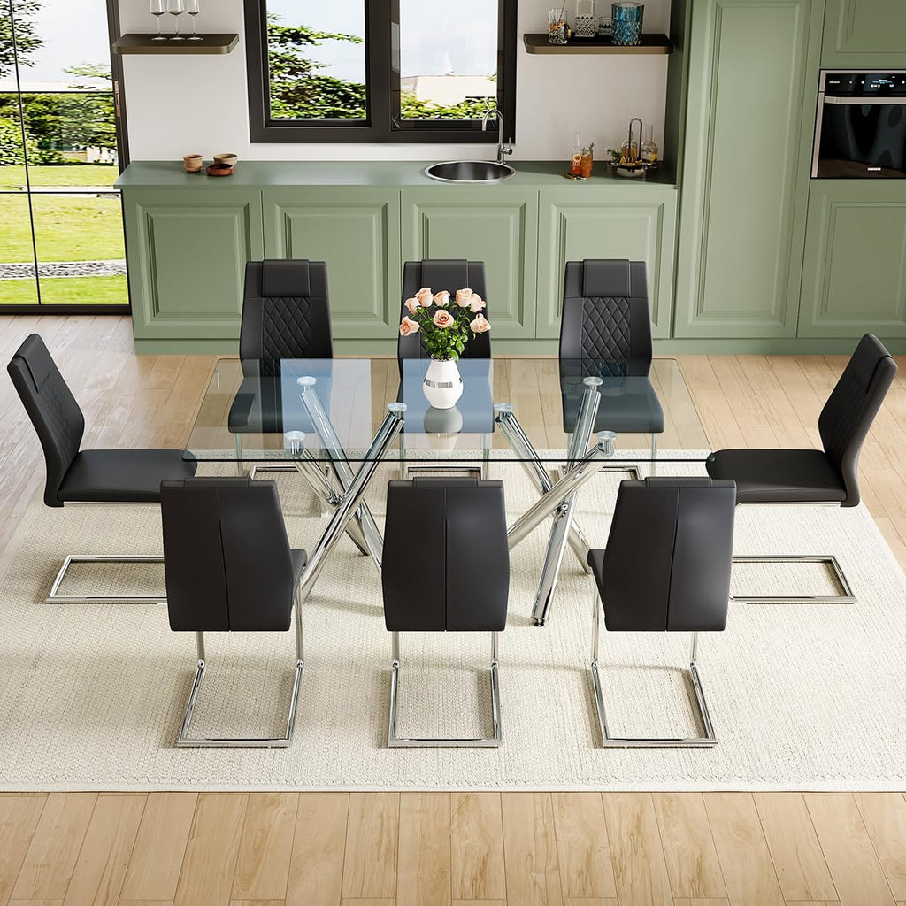 Glass Dining Table Set for 8, 71" Modern Dining Table Set for 8