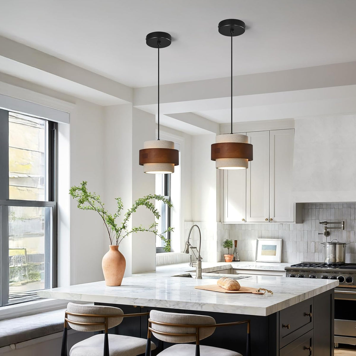 Modern Cement Pendant Light Fixture,Concrete Pendant Lights with Wood Accent,Vintage Farmhouse Chandelier for Kitchen