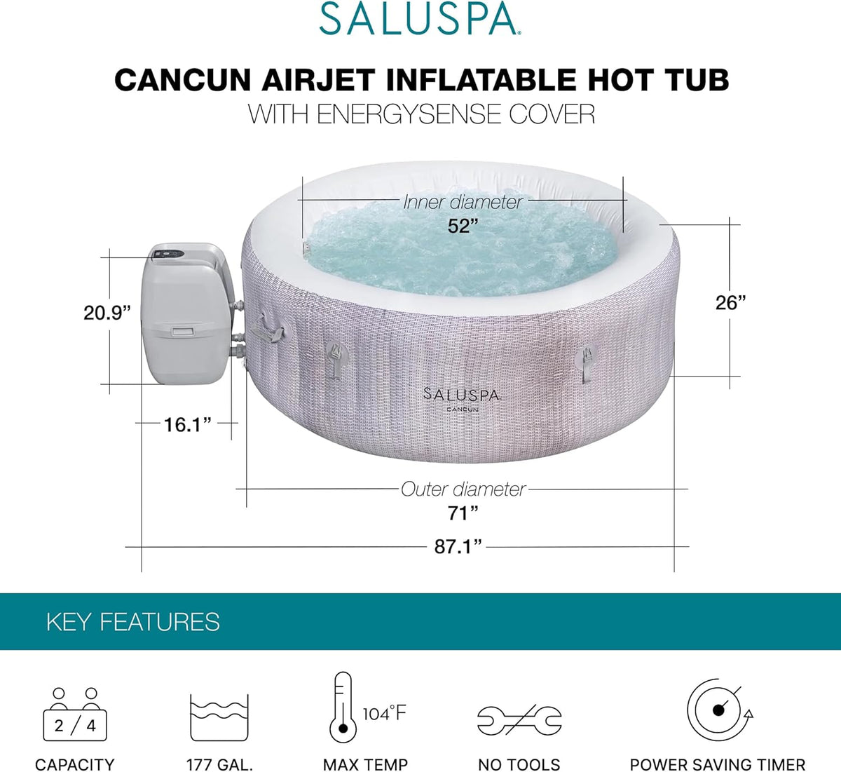 SaluSpa Cancun Energy-Efficient 2-4 Person Inflatable Hot Tub
