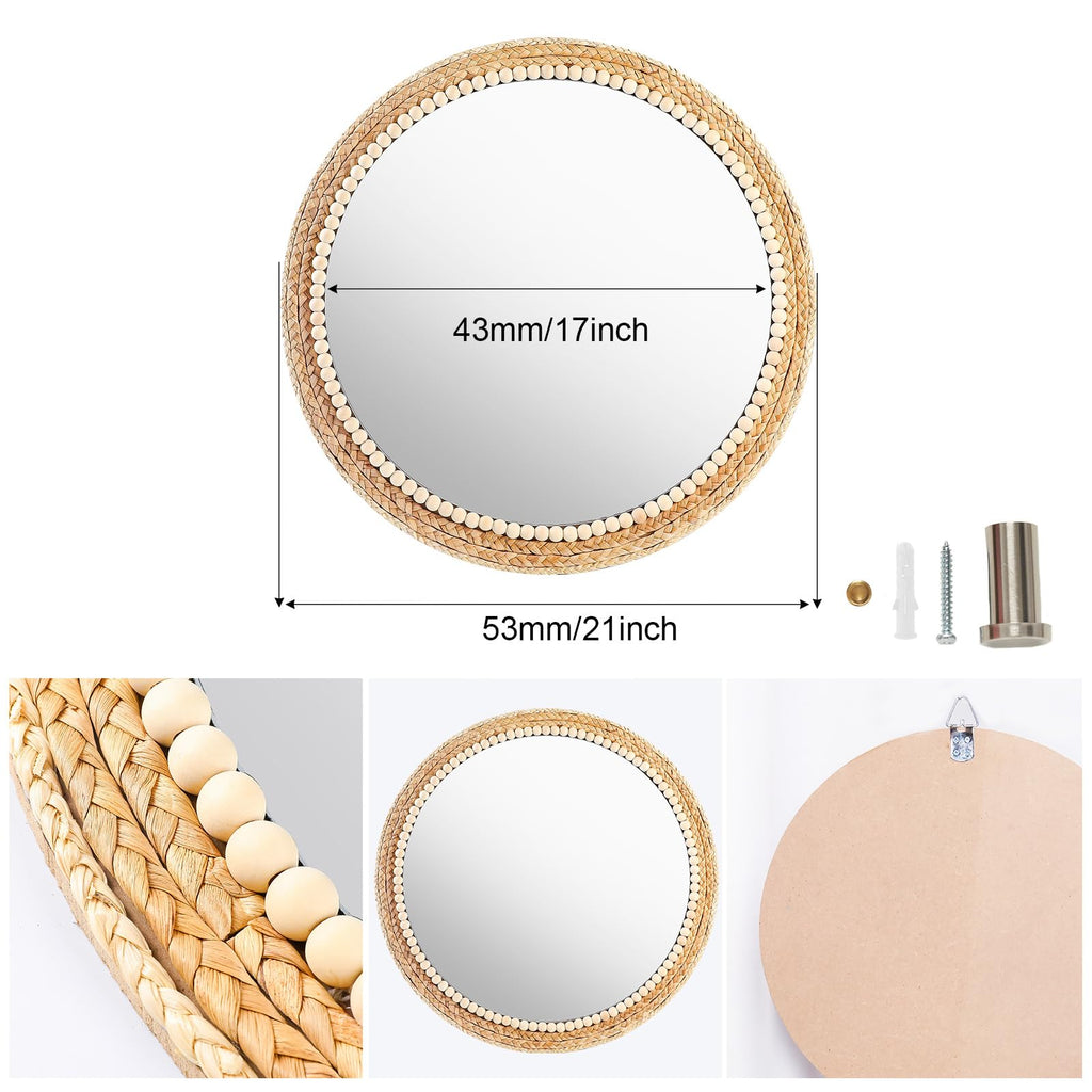 21 Inch Boho Round Hanging Wall Mirror Decorative Rattan Circle Wall Mounted Mirror for Farmhouse, Living Room