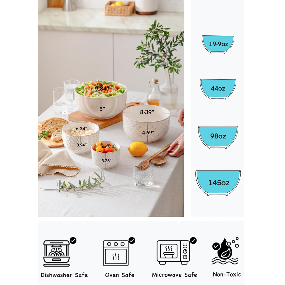 Mikiegy Ceramic Mixing Bowls Set of 4, Nesting Ceramic Embossment Stoneware Mixing Bowls for Cooking, Serving