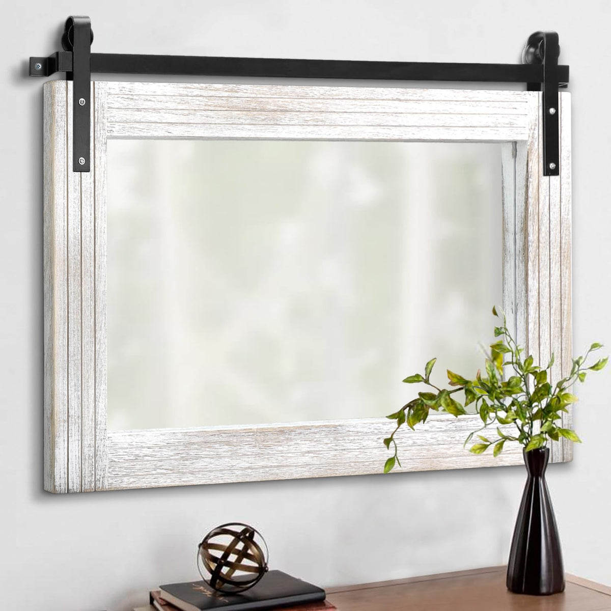 Large Barn Door Mirror with Wood Framed Rectangle Mirrors for Wall Bathroom Vanity Mirror Decorative Farmhouse