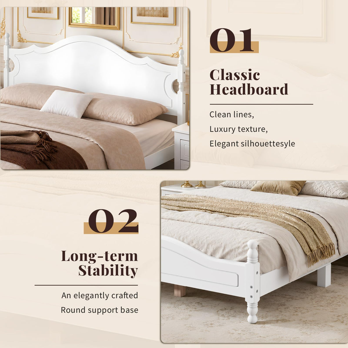 White Wood Bed Frame with Vintage Headboard, Gothic Style Wooden Platform Bed with Wood Slat Support