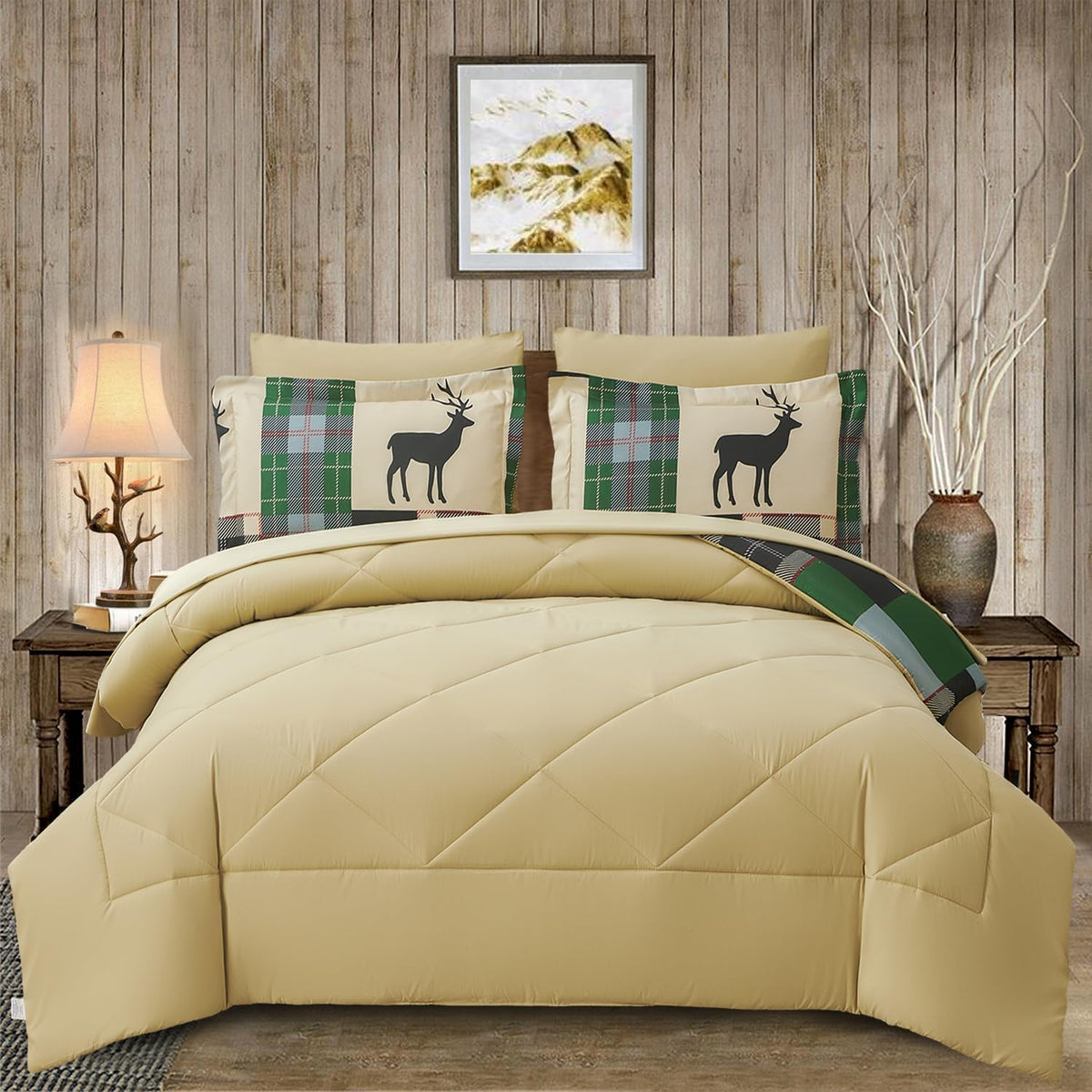 7 Piece Comforter Set, Lodge Moose Rustic Cabin Bed in a Bag, Soft and Breathable Bedding, Green Moose