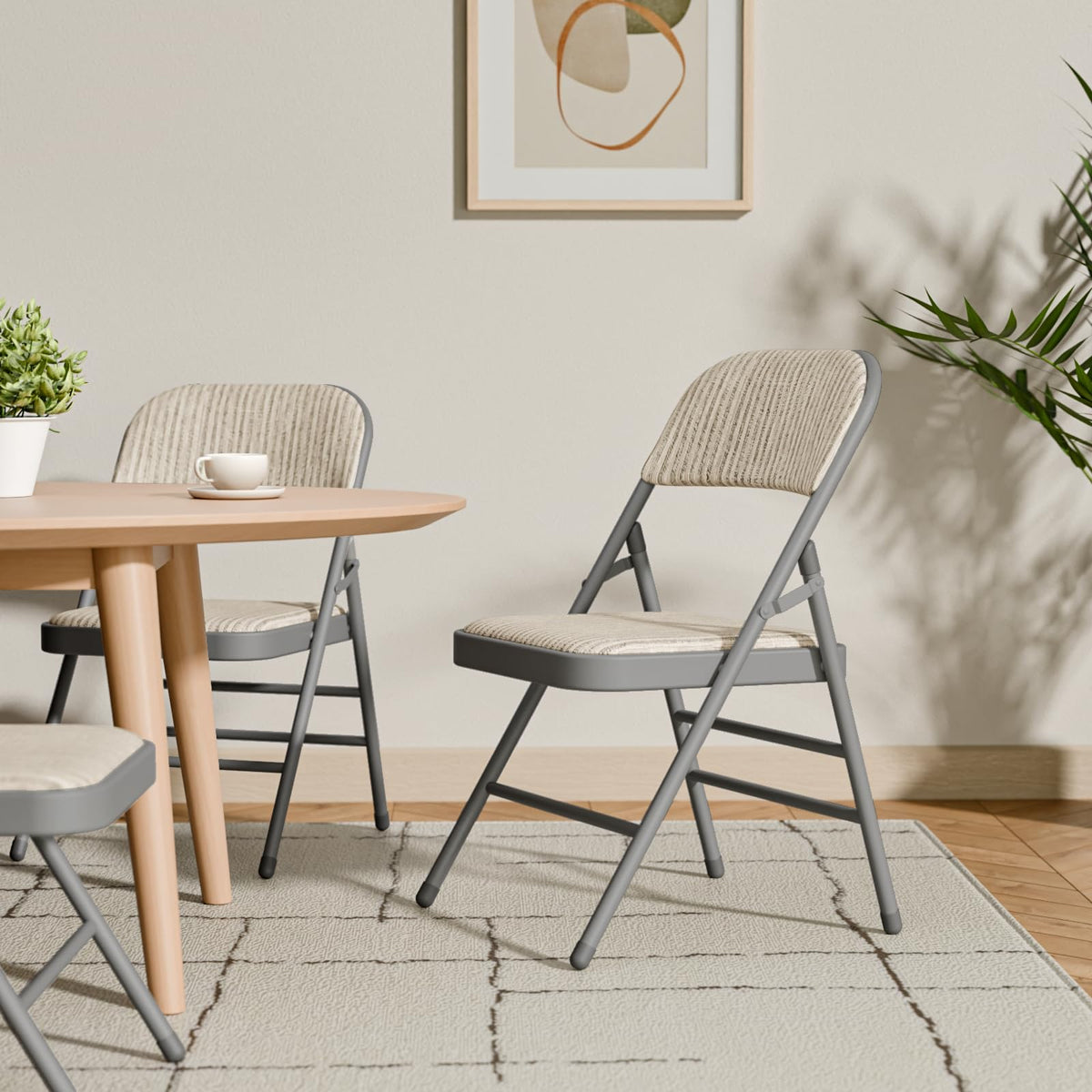 6 Pack Padded Folding Chairs with Fabric Cushion and Back, Oatmeal Stripe