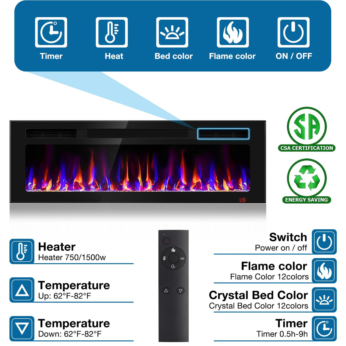 50 Inch Electric Fireplace Recessed and Wall Mounted, Fireplace Heater and Linear Fireplace, Ultra-Thin Electric