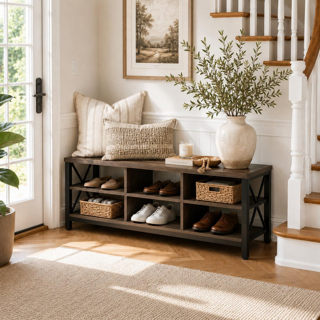 Industrial Shoe Bench with Storage, Rustic Entryway Bench