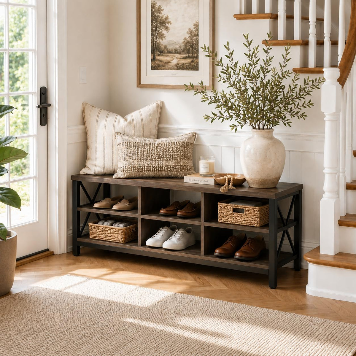Industrial Shoe Bench with Storage, Rustic Entryway Bench