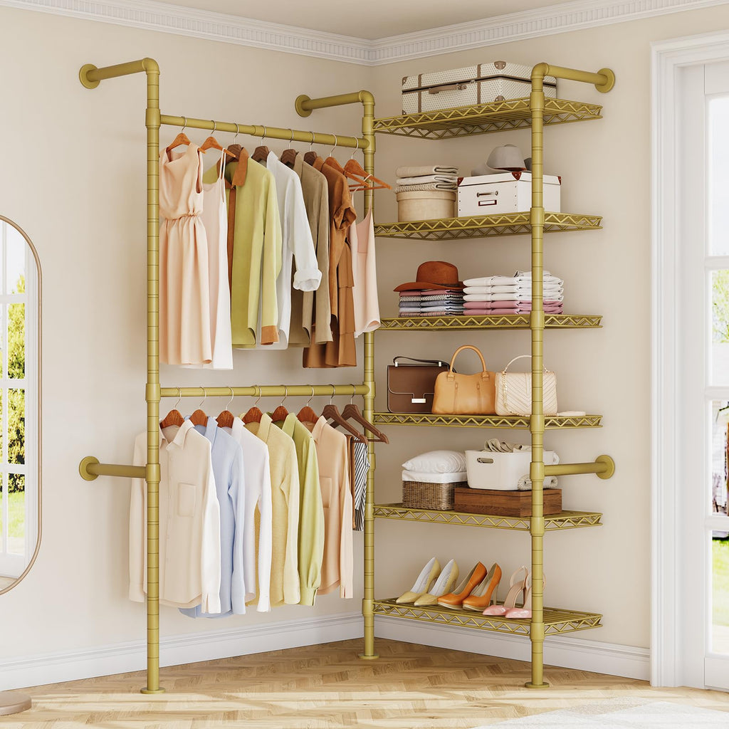 L2 Wall Mounted Closet System, Industrial Pipe Clothing Rack, Gold