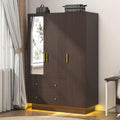 3 Door Wardrobe Closet with Mirror & LED Lights, Bedroom Armoire with Drawers & Shelves, Farmhouse Wooden Armoire