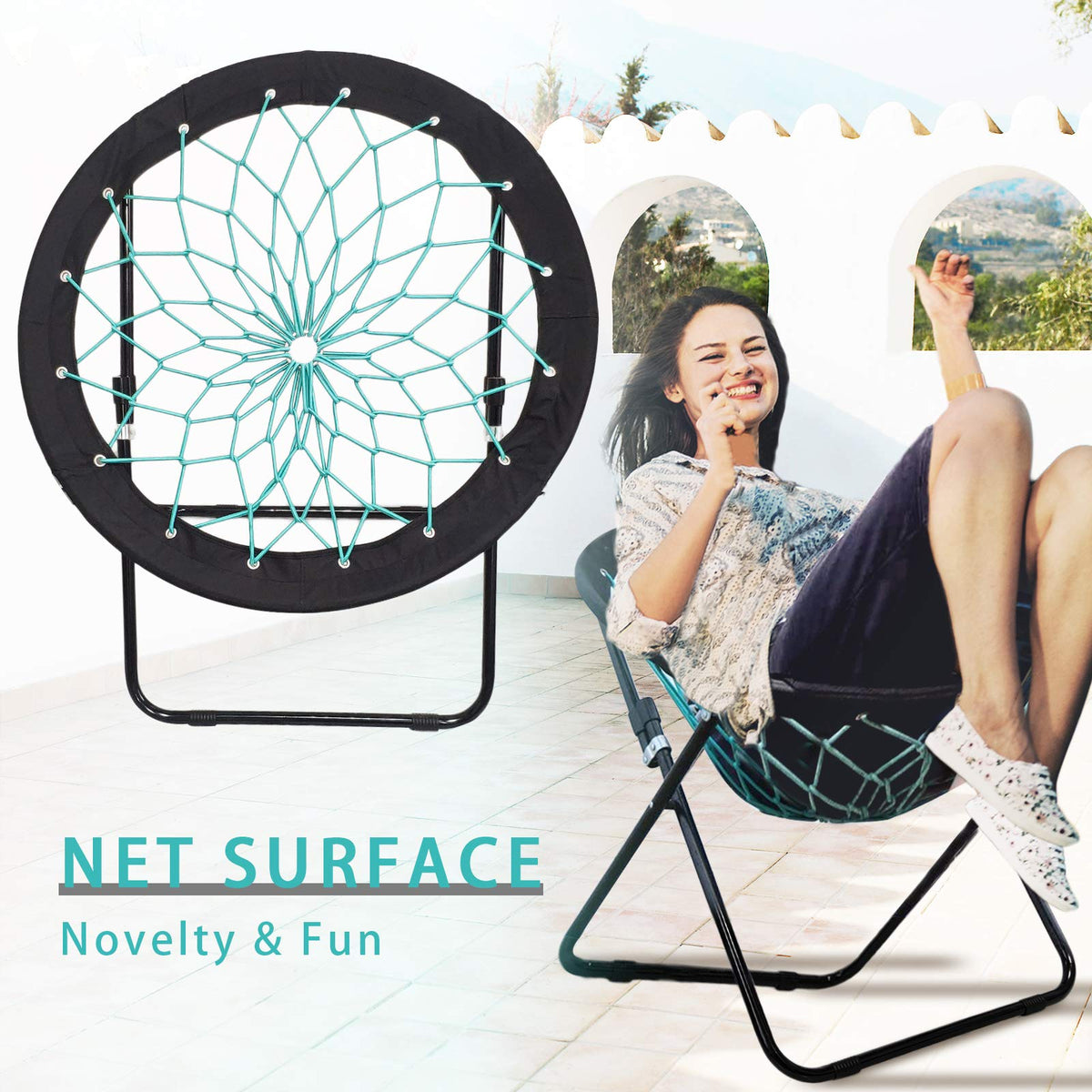 Bunjo Bungee Dish Chair - Versatile Folding Chair with Fun Bouncy Design - Circle Web Chair for Room Garden Dorm