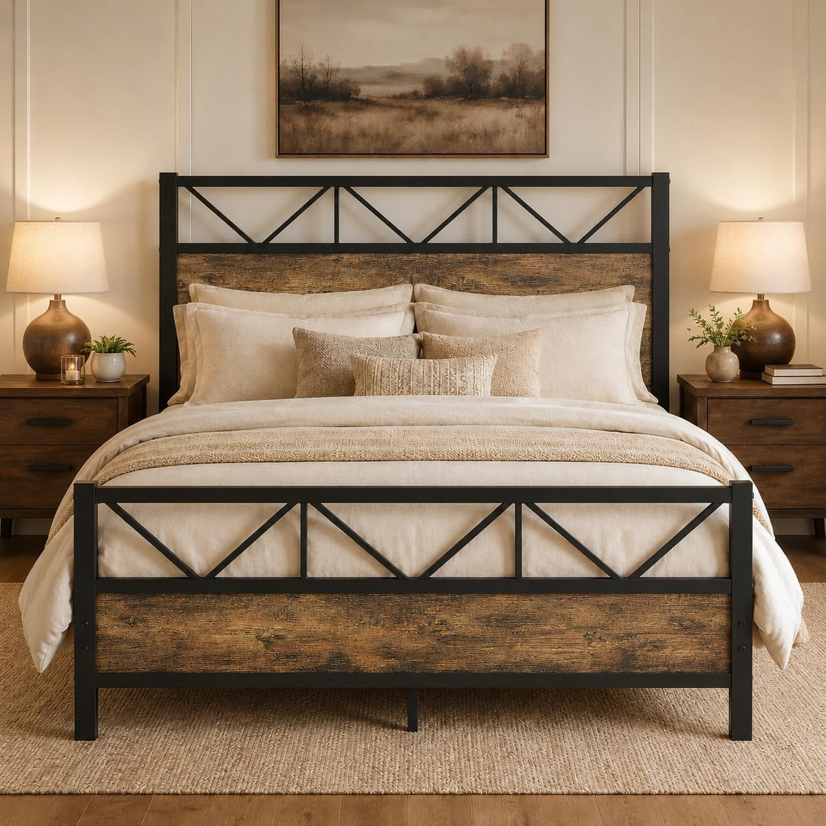Bed Frame, 51.2" Tall Industrial Headboard, Rustic Brown