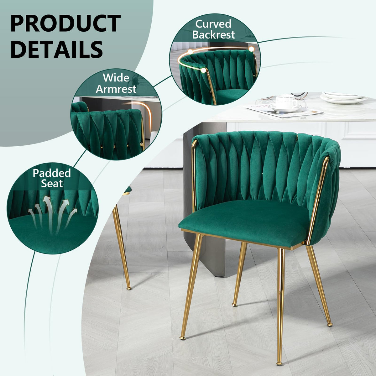 Velvet Dining Chairs Set of 4, Woven Upholstered Kitchen Chairs