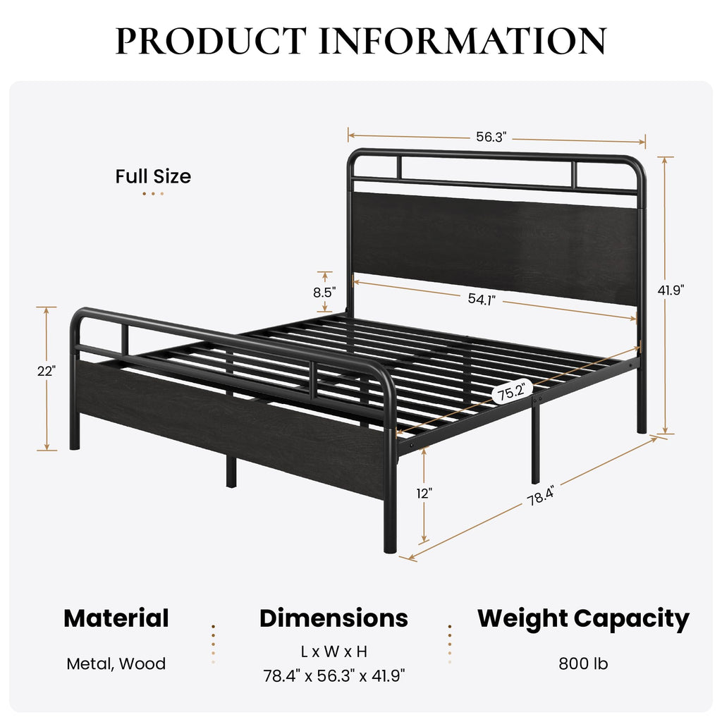 Bed Frame with Vintage Industrial Wood Headboard, Heavy Duty Metal Platform with 12" Under-Bed Storage