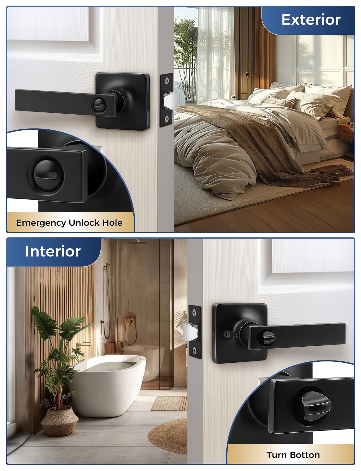 2 Pack Interior Door Handles,Black Modern Door Handle,Door Lock Privacy Lock