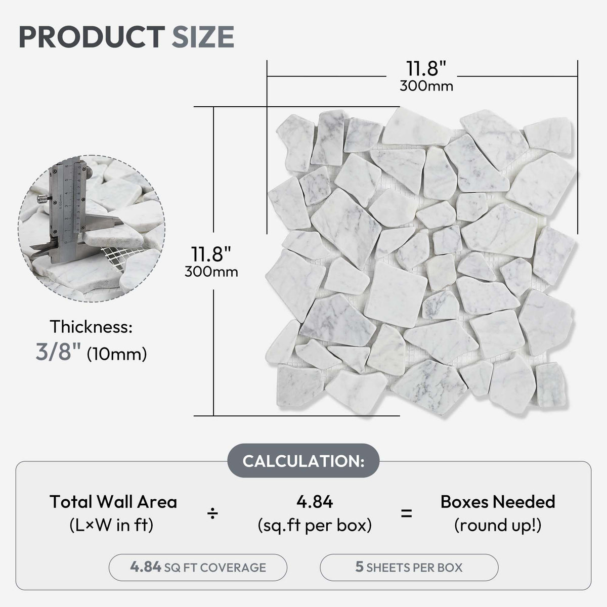 For Shower Floor 12x12 Inch, Carrara White, 5 Sheets