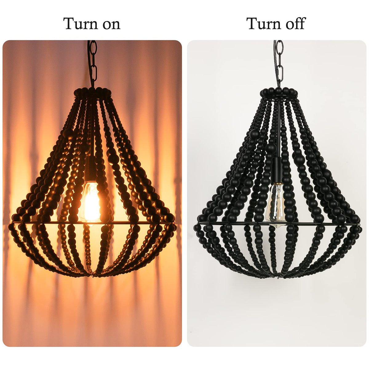 Boho Light Fixtures Wood Beaded Chandelier Farmhouse Pendant Light 1-Light Black 16.5" Ceiling Hanging Light, Dining