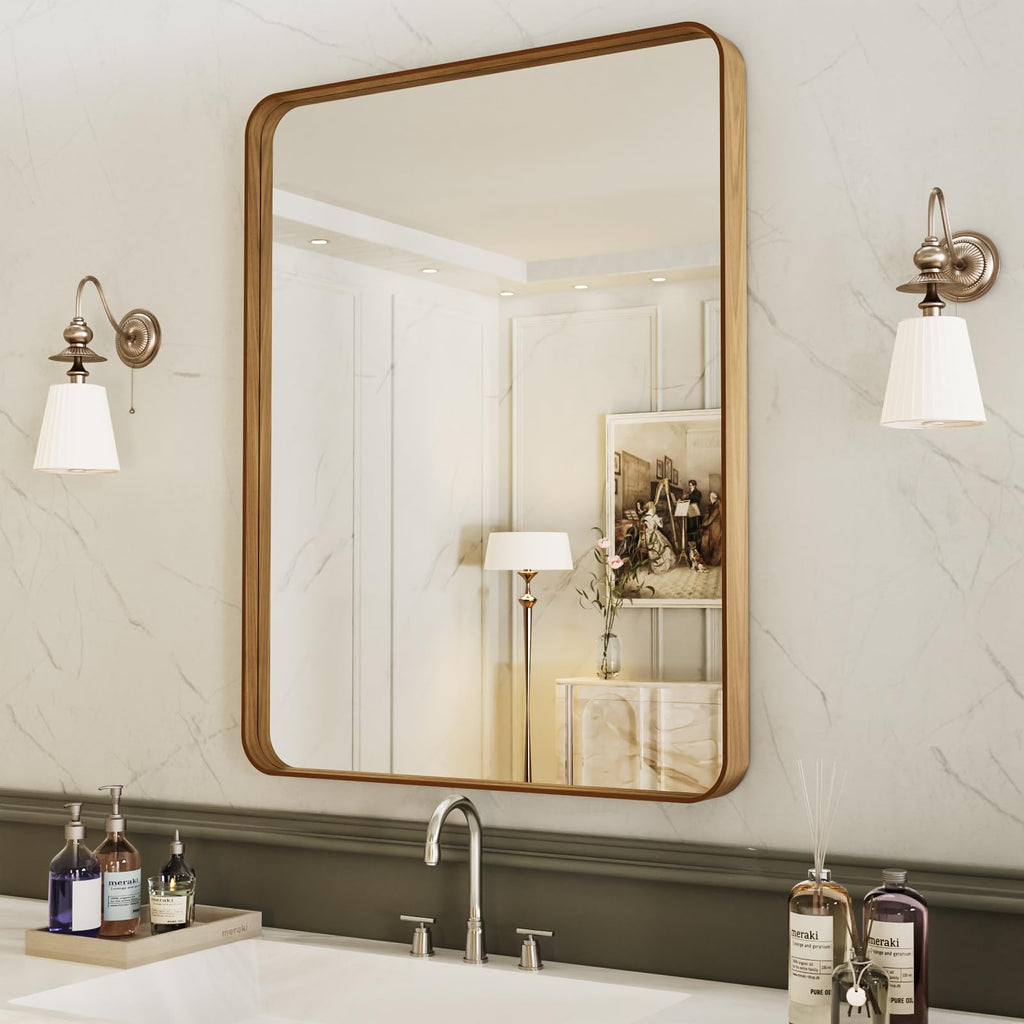 22X30 Inch Bathroom Mirror with Wood Grain Colored Metal Frame