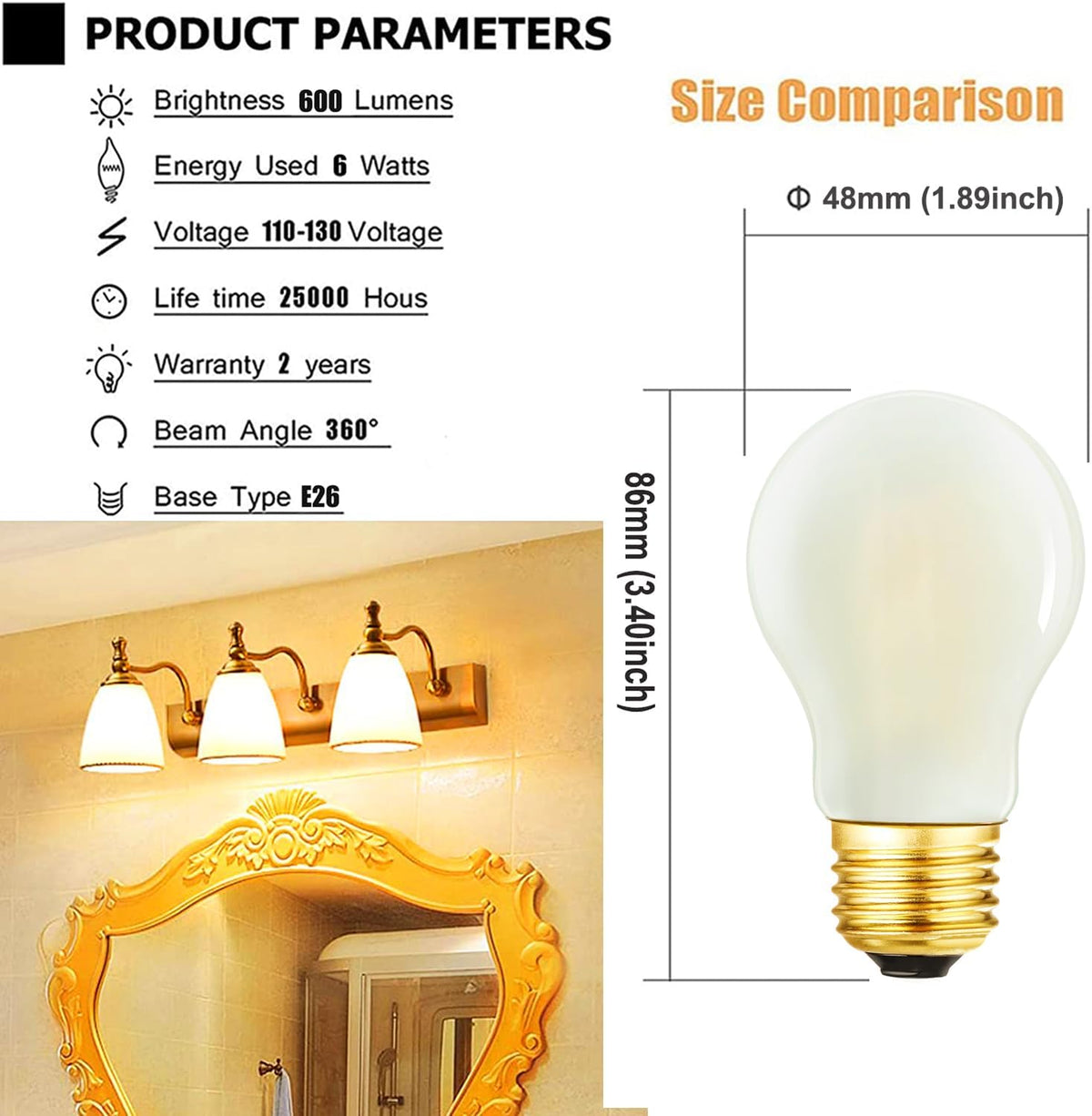 E26 Edison Bulb 6W=60 watt Light Bulb Frosted Dimmable Warm White 2700K Edison Light Bulb 60 Watt AC120V A15 led Bulb