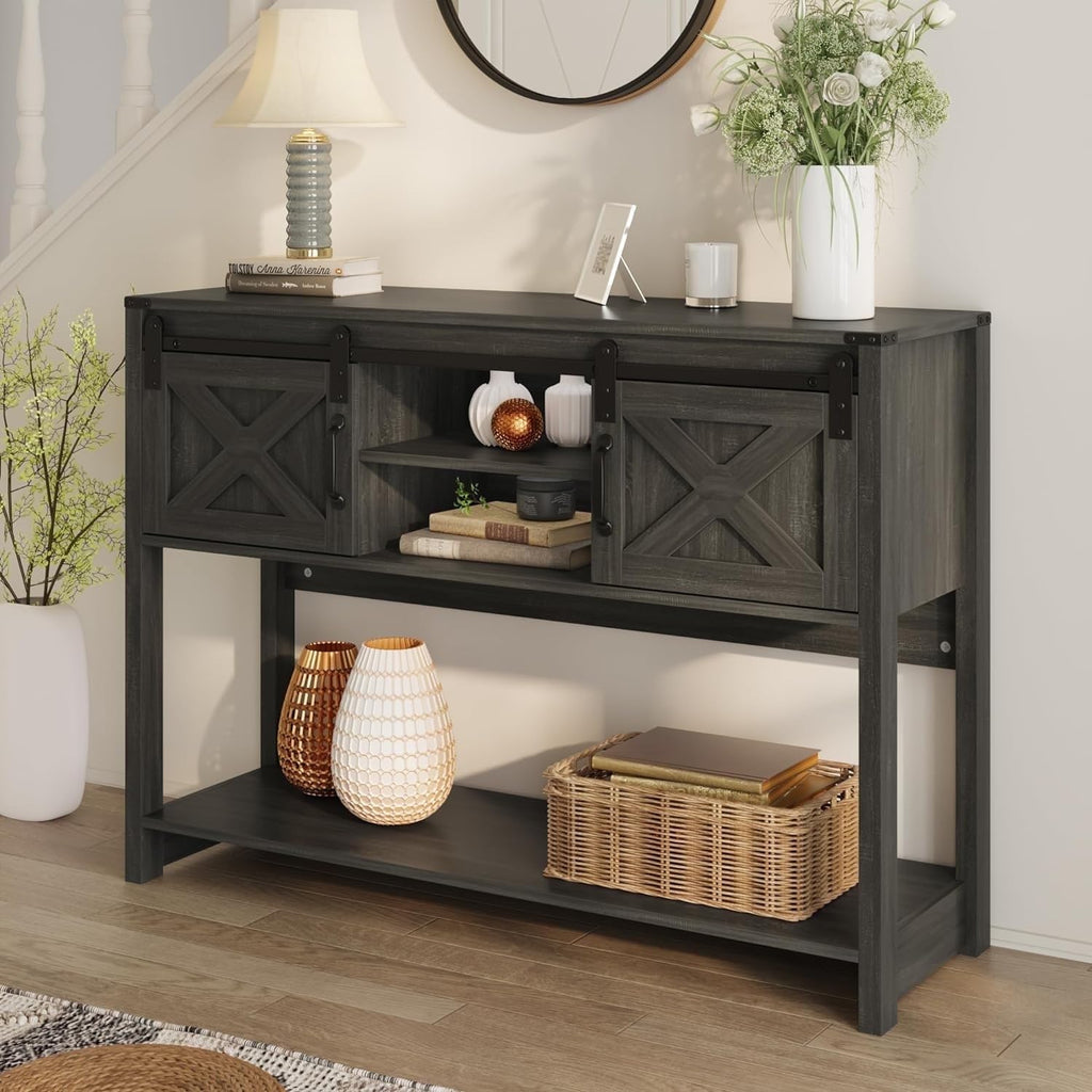 Entryway Table with Storage Cabinets, 46" Modern Farmhouse Console Table with Sliding Barn Door, Wood Rustic Sofa