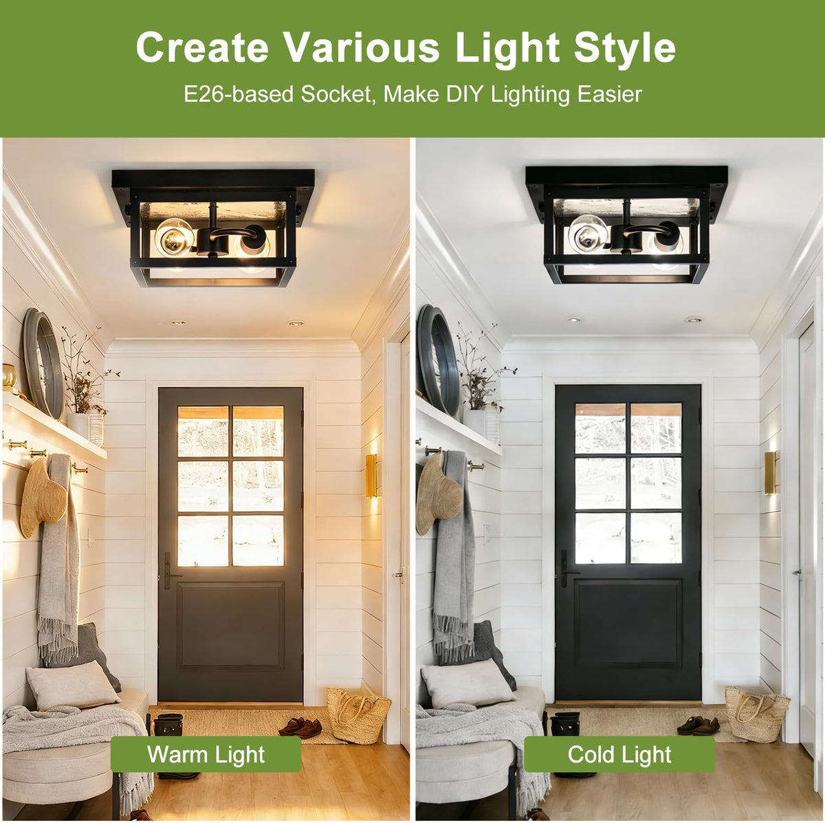 11.5in Outdoor Ceiling Light Fixture, Square Flush Mount Porch Lights, 2-Light, E26-based