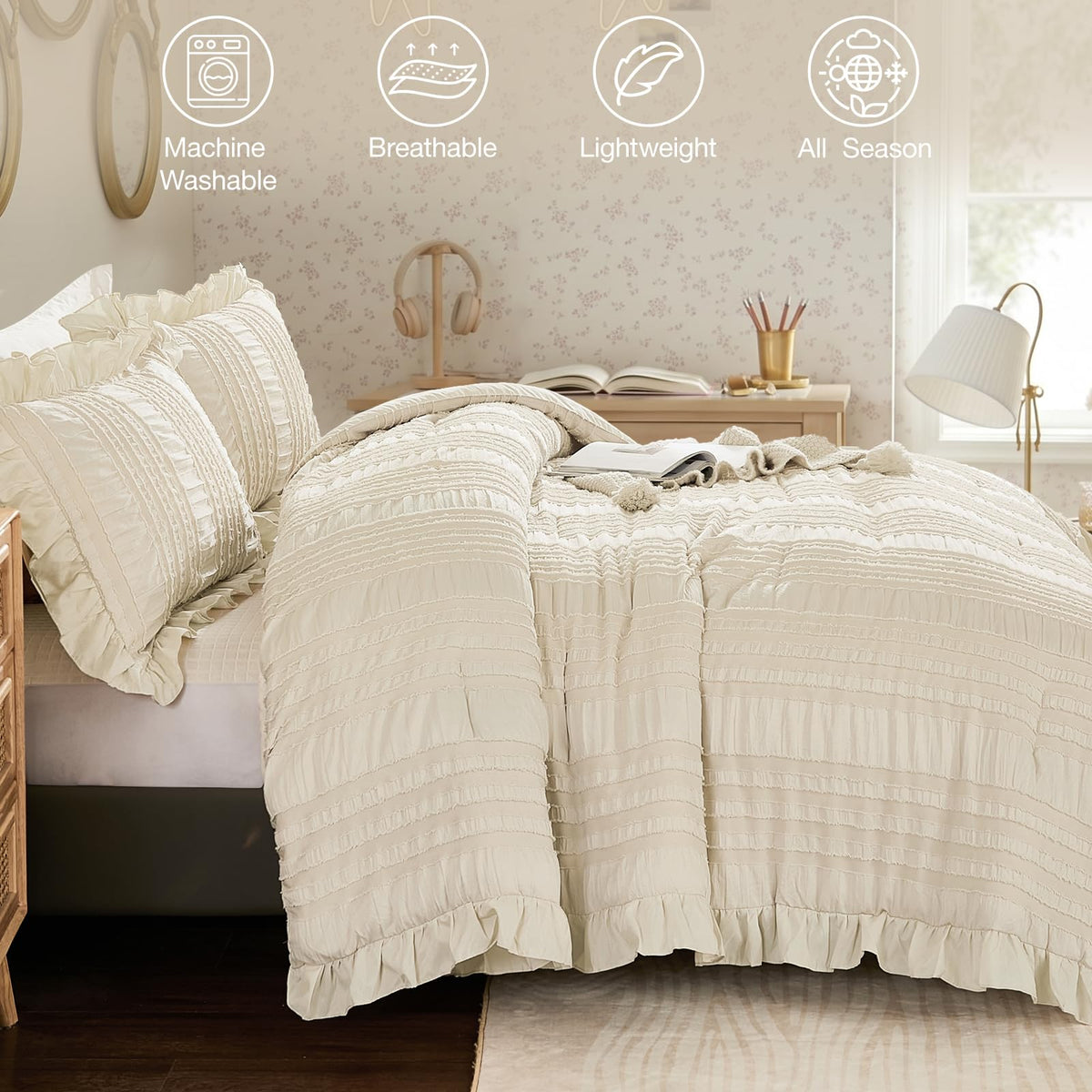 Beige Ruffle Comforter, Boho Shabby Chic Bedding for Bed, Soft Seersucker Farmhouse Bedding Set with 1