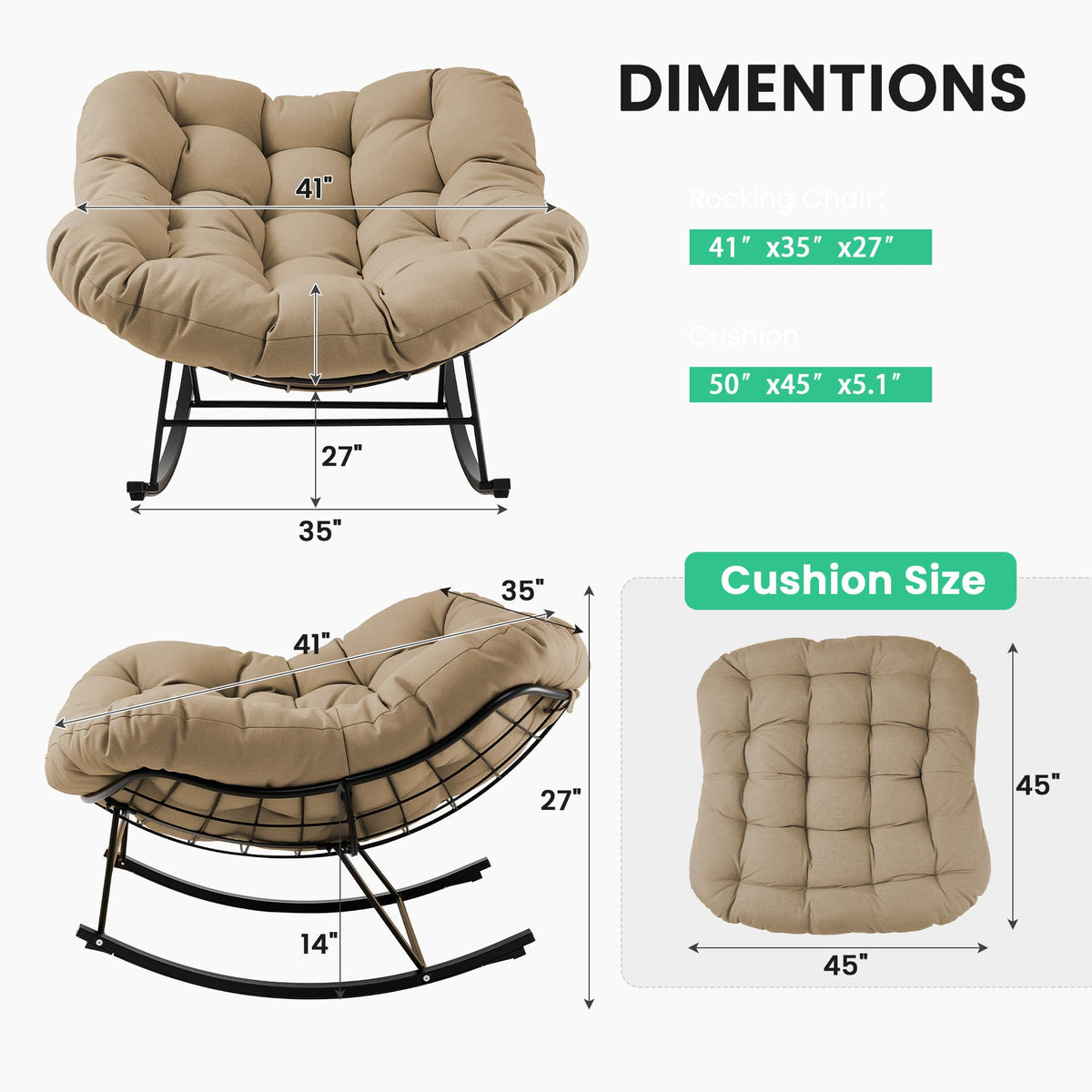 Inspired Egg Style Papasan Rocking Chairs Set of 2, Oversized Chairs, Brown